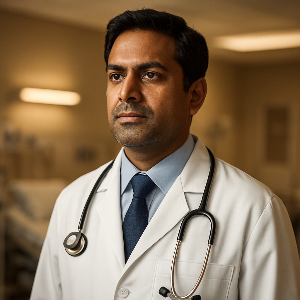Indian doctor standing in a modern hospital ward