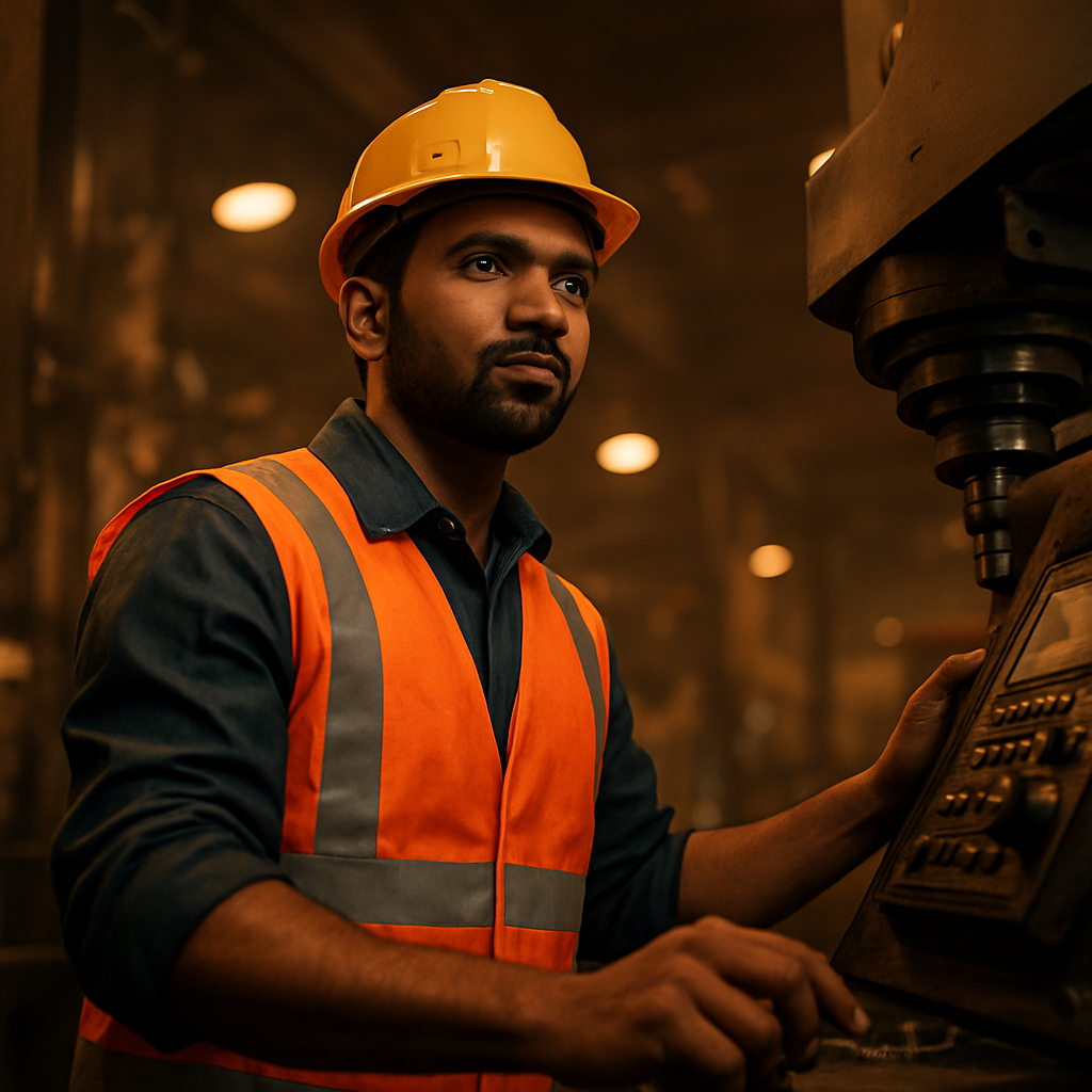 Indian factory worker operating a CNC machine on a manufacturing floor